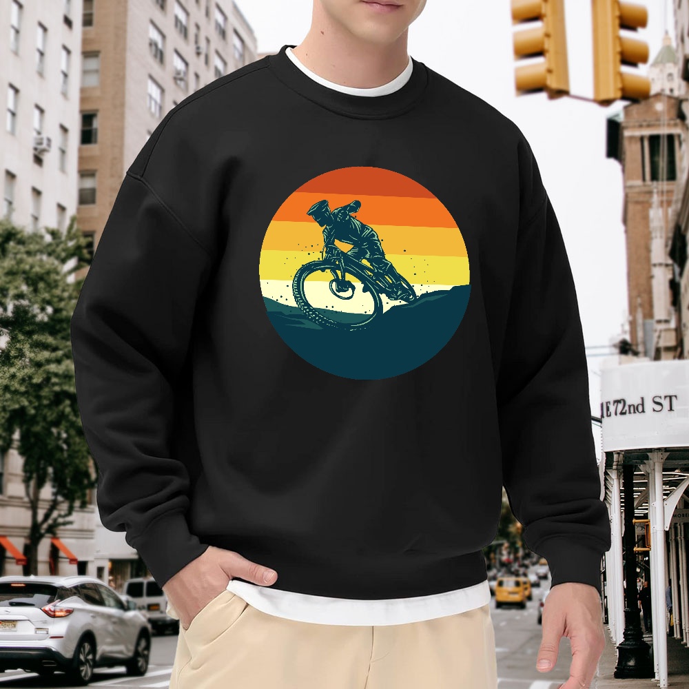 Mountain Biking Cartoon - Men's Black Crew Neck Sweatshirt, Vintage